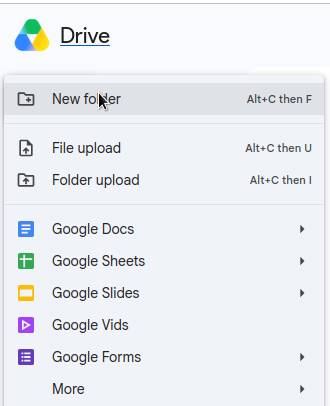 Menú de Google Drive amb l'opció Carpeta nova (New folder)