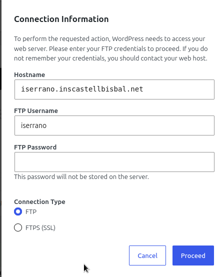 Formulari de credencials FTP