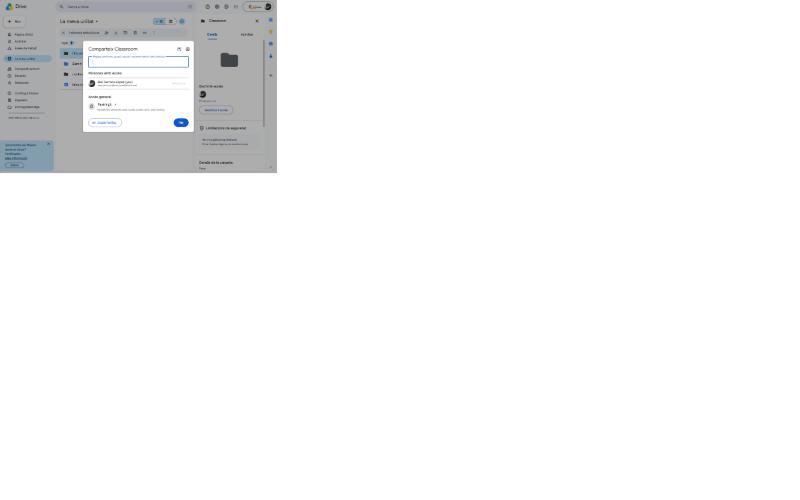 Diàleg de compartir la carpeta Classroom a Google Drive