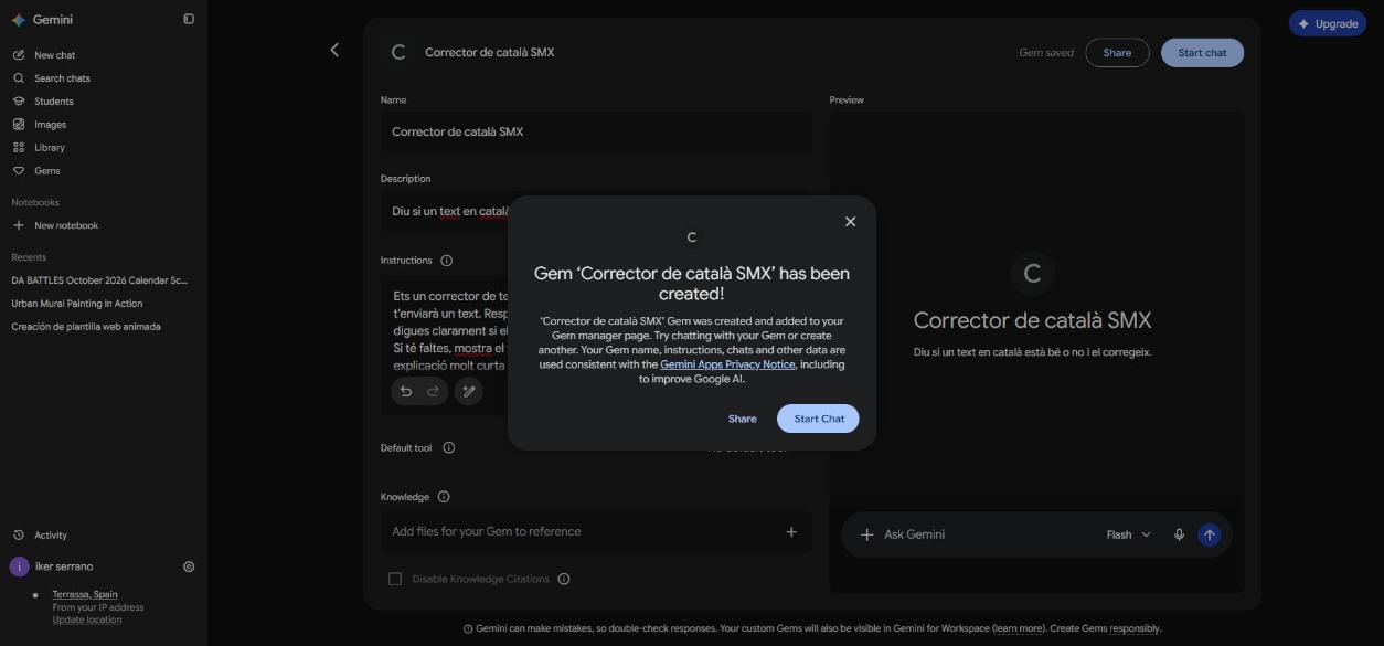 Avís que diu que el Gem Corrector de català SMX s'ha creat