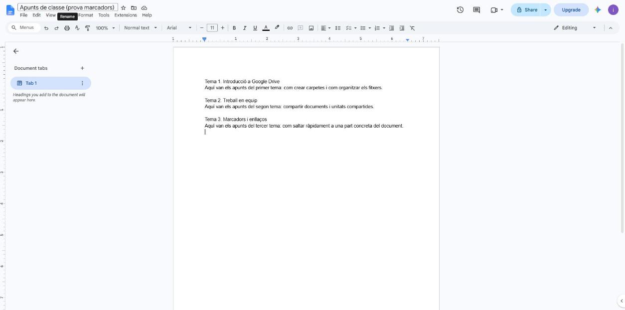 Document de Google Docs obert amb els apunts de classe