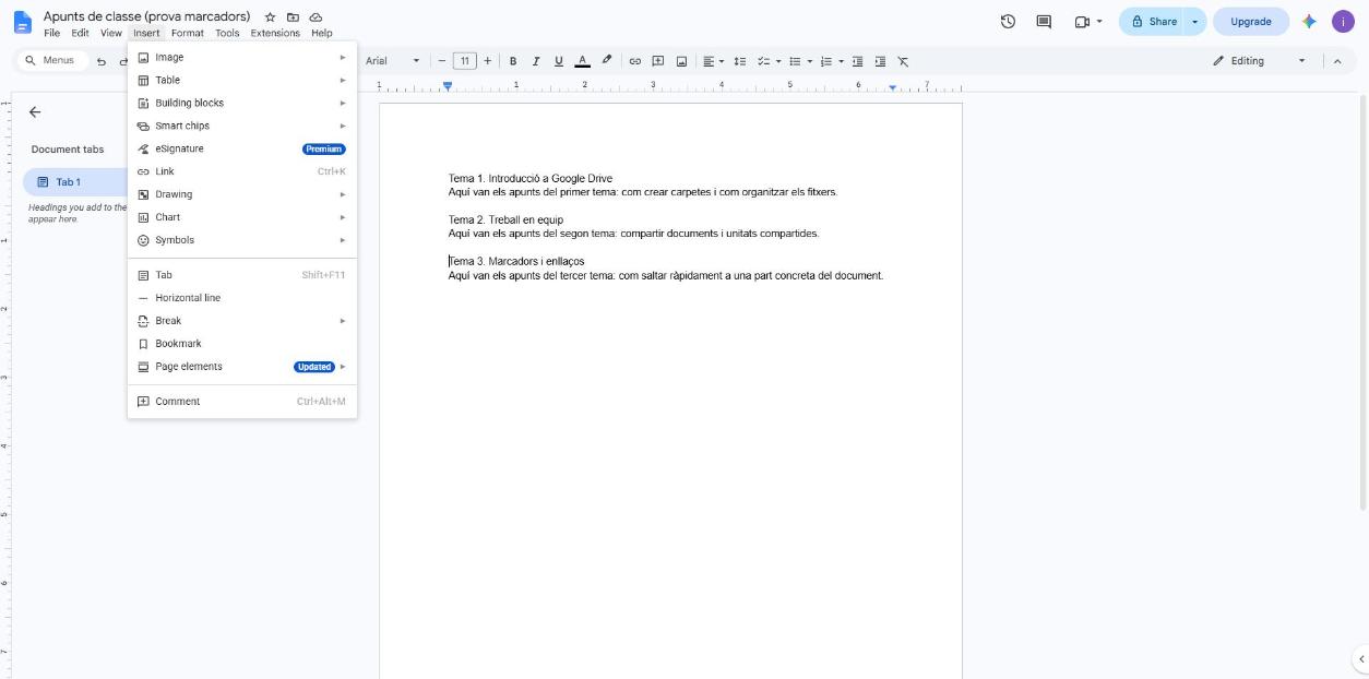 Menú Insert de Google Docs amb l'opció Bookmark