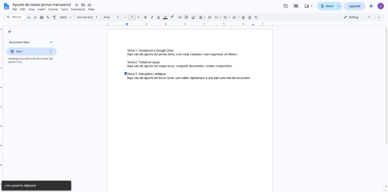 Avís Link copied to clipboard després de copiar l'enllaç del marcador