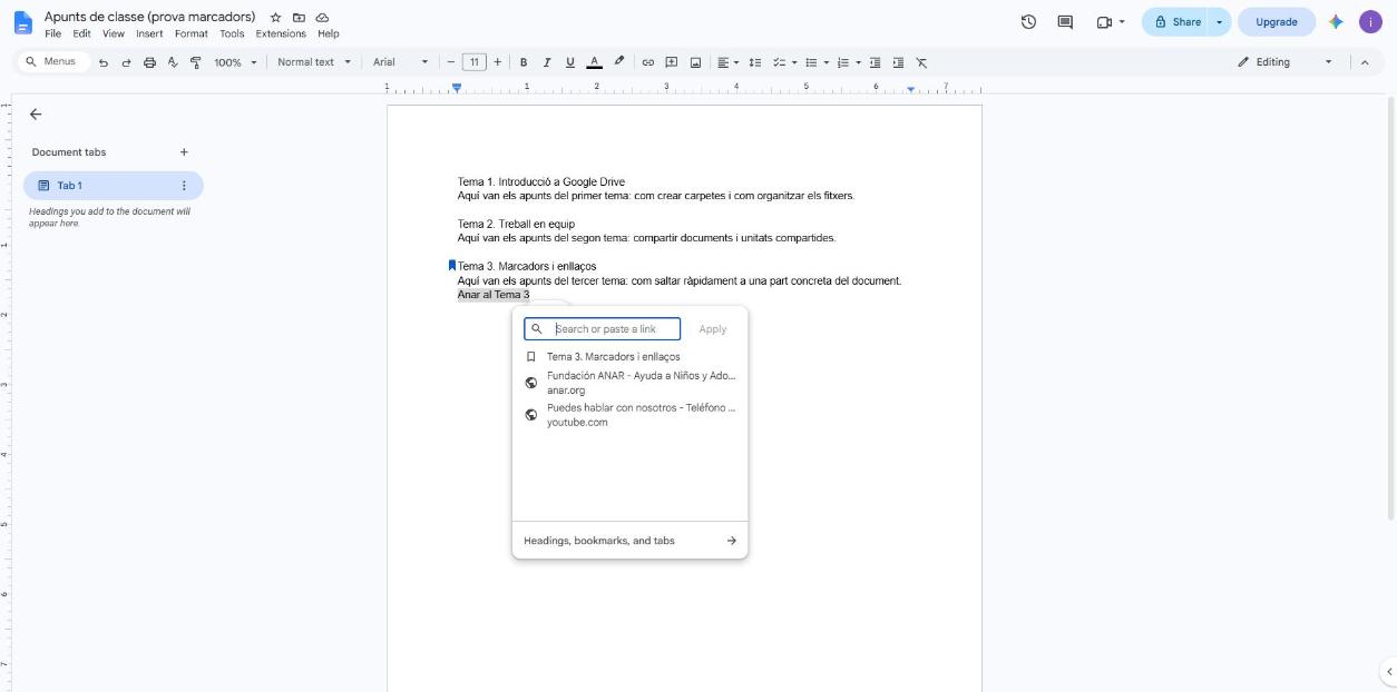 Quadre d'enllaç de Google Docs amb el marcador Tema 3 a la llista