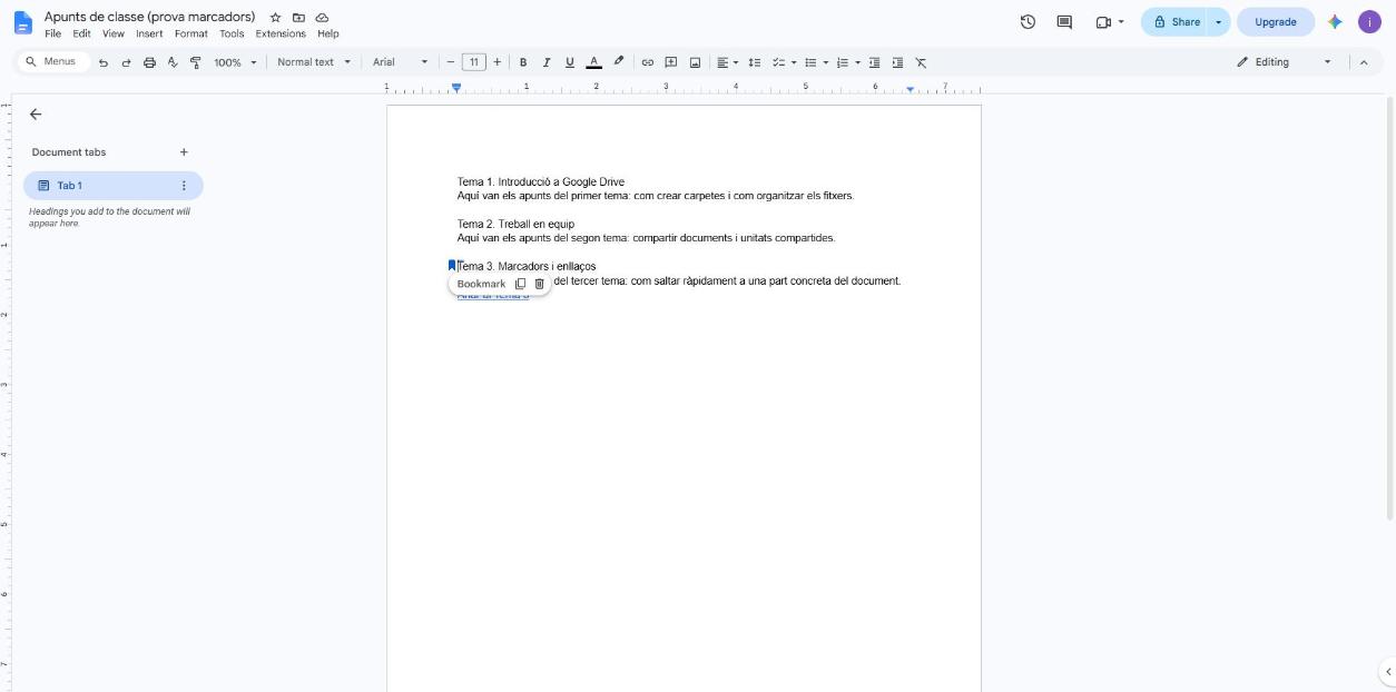 Document al marcador Tema 3, amb les icones de copiar l'enllaç i de la paperera