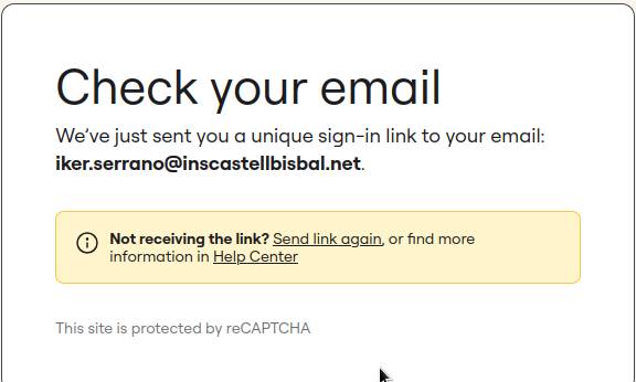 Pàgina de Miro Check your email que avisa que s'ha enviat un enllaç d'inici de sessió