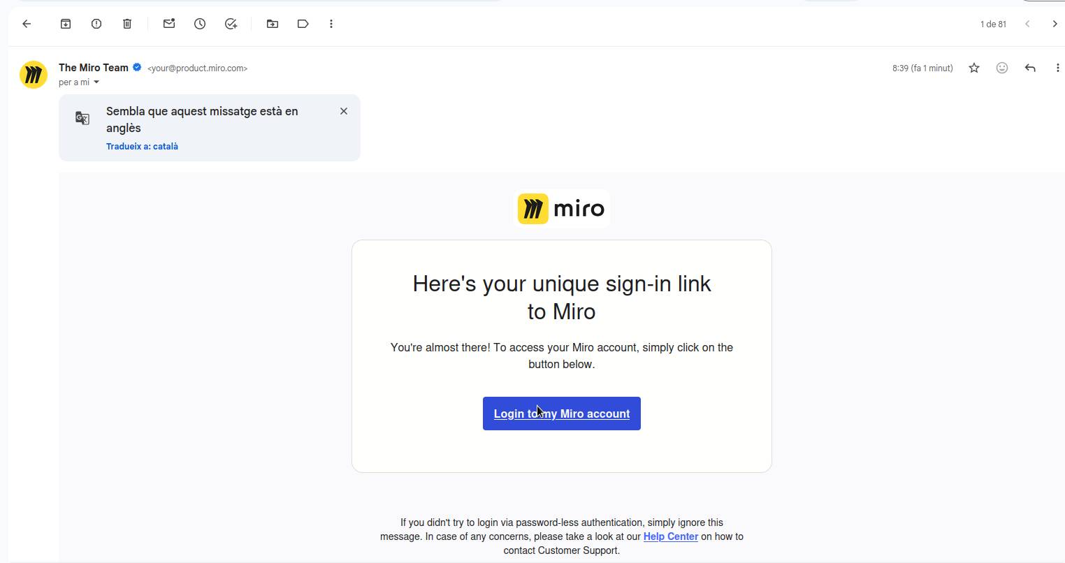 Correu de The Miro Team amb el botó Login to my Miro account