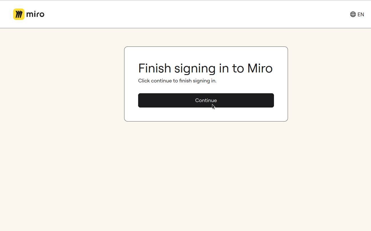 Pàgina Finish signing in to Miro amb el botó Continue