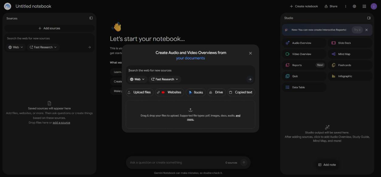 Finestra Add sources de Gemini Notebook amb les opcions Upload files, Websites, Drive i Copied text