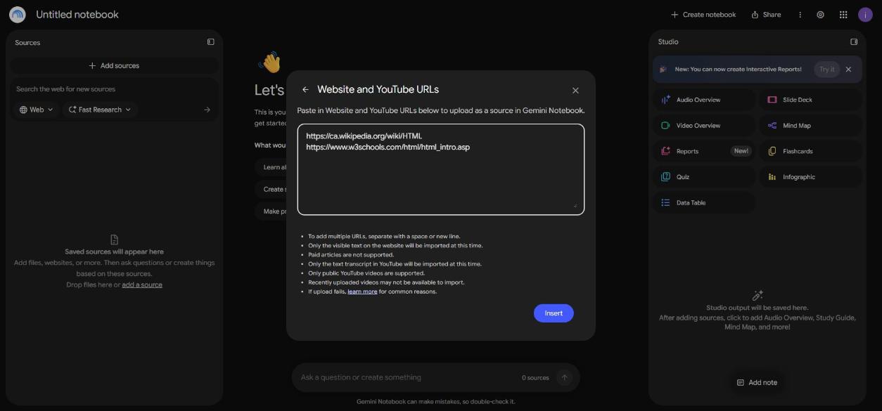 Quadre per enganxar els enllaços de la Viquipèdia i W3Schools i botó Insert