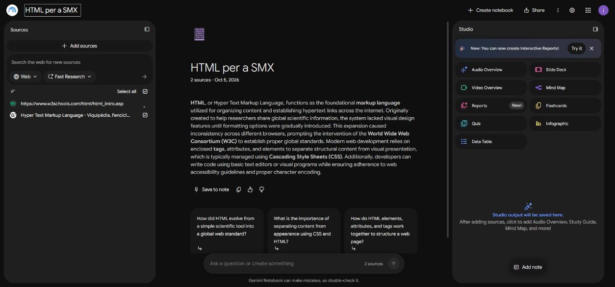 Notebook HTML per a SMX amb 2 sources carregades i el panell Studio a la dreta