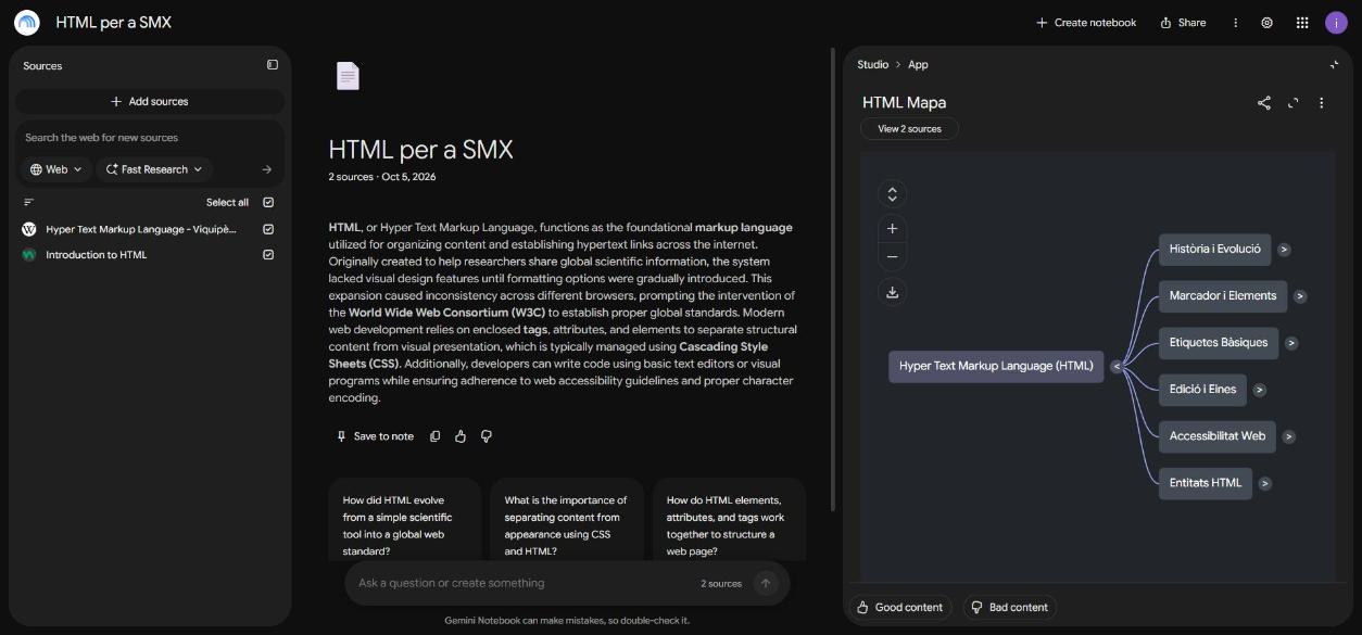 Mapa mental d HTML generat en català amb les branques Història, Etiquetes Bàsiques i Accessibilitat Web