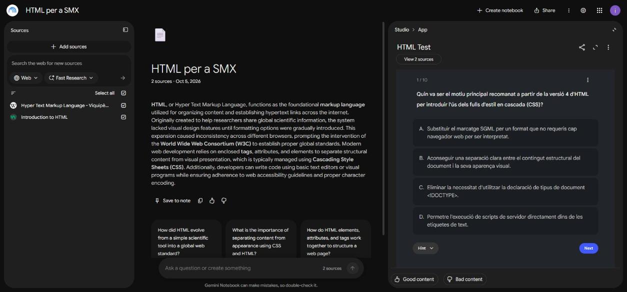 Primera pregunta del test d HTML en català amb quatre respostes