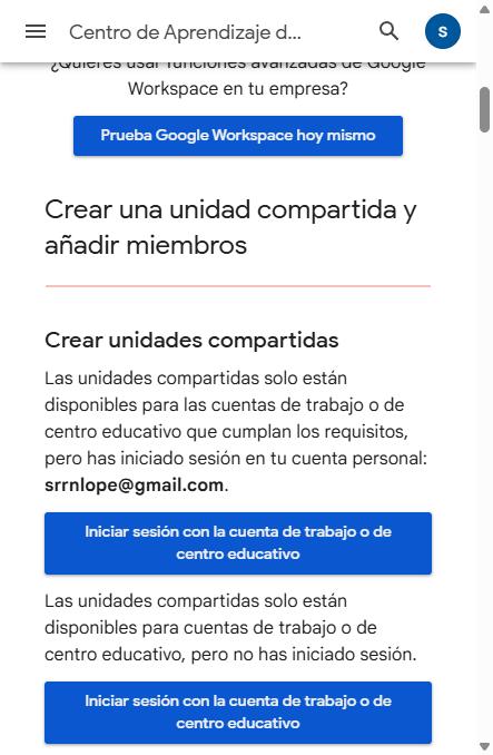 Pàgina oficial d'ajuda de Google confirmant que les unitats compartides només estan disponibles per a comptes de treball o de centre educatiu