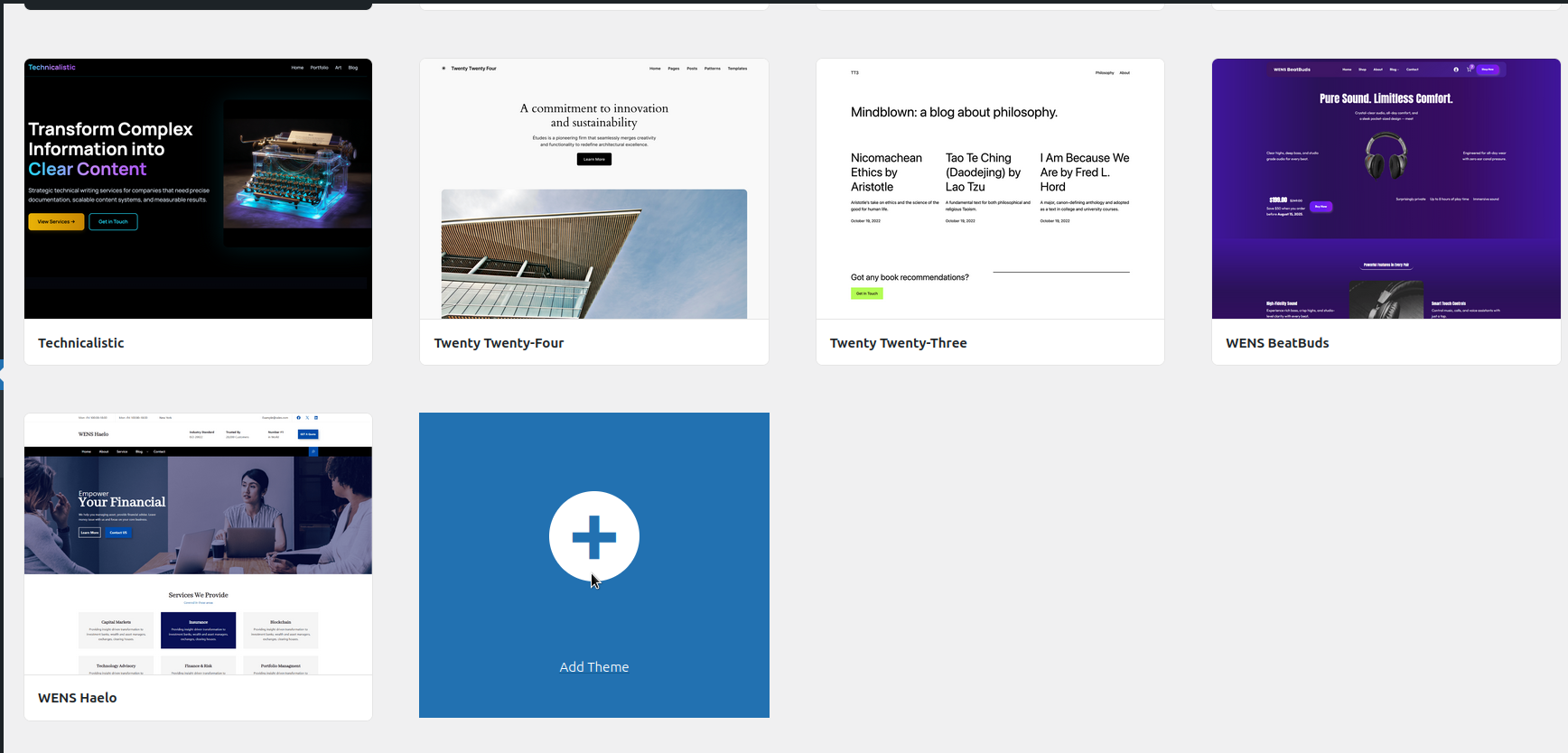 Pantalla de temes de WordPress amb el botó Afegeix un tema nou (Add Theme)