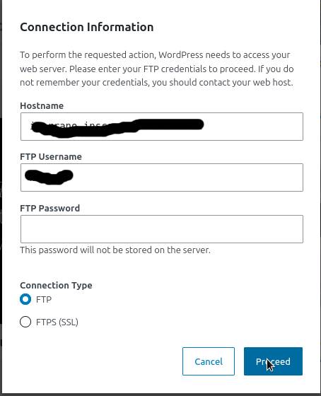 Finestra Connection Information de WordPress que demana les dades FTP