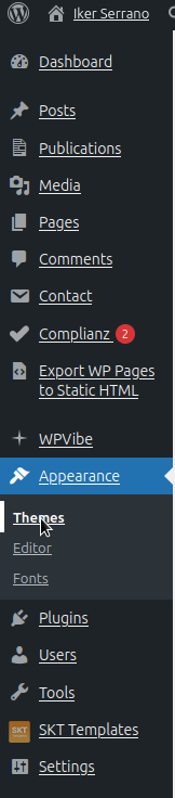 Menú lateral del tauler de WordPress amb Aparença i Temes