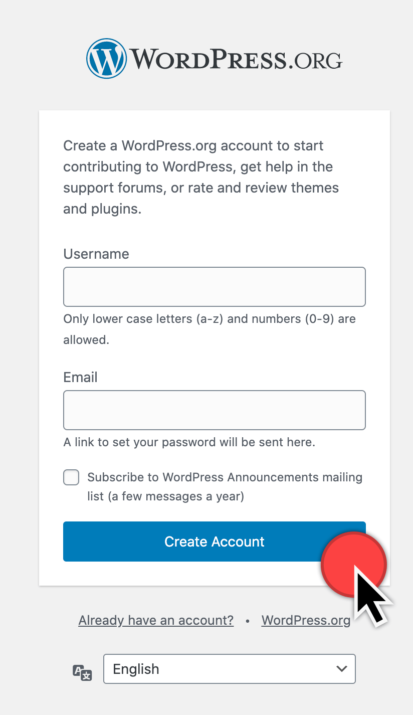 Formulari de registre de WordPress.org amb els camps correu, nom d usuari i el botó Create Account