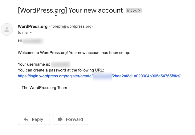 Correu de confirmació de WordPress.org amb l enllaç per continuar