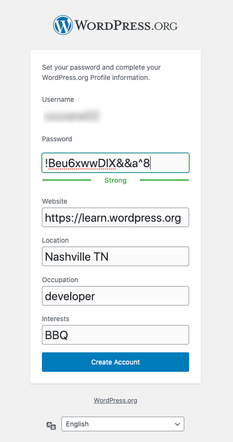 Pantalla de WordPress.org per crear la contrasenya del compte