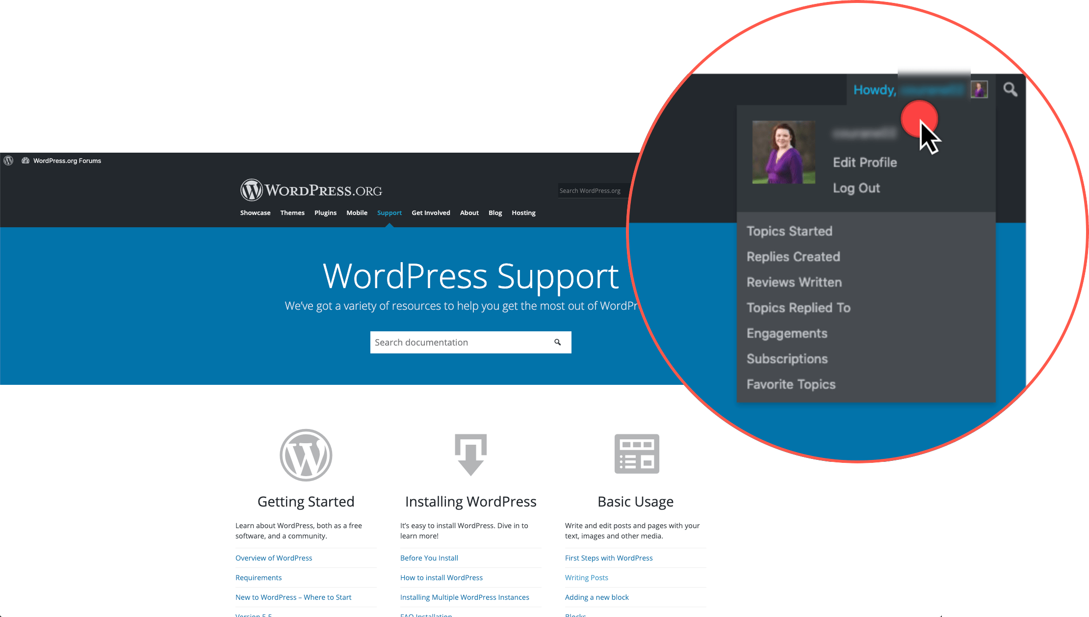 Compte de WordPress.org ja iniciat amb el menú del perfil a dalt a la dreta