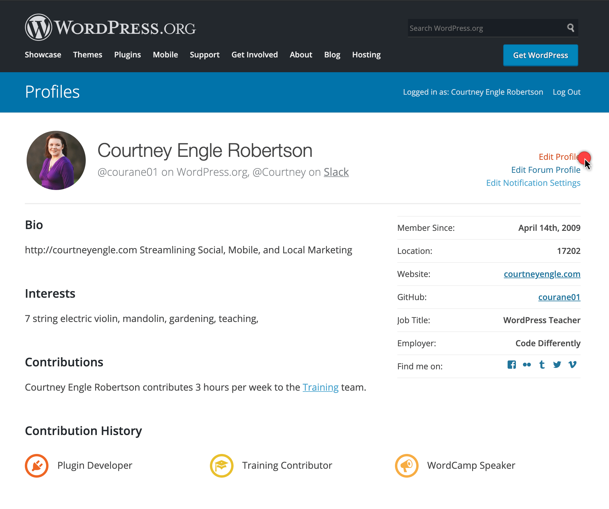 Perfil de WordPress.org amb el botó per editar el perfil