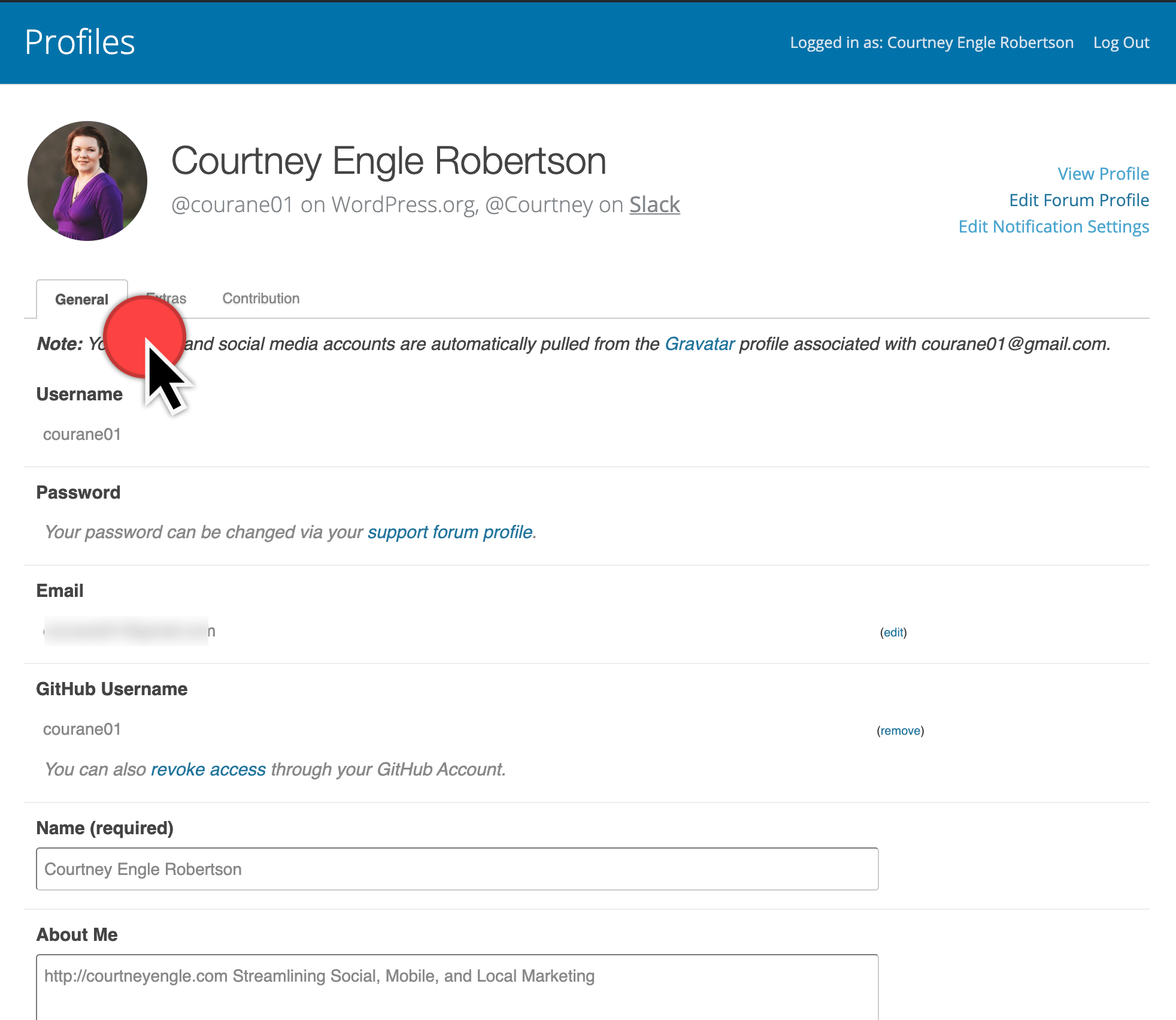 Pestanya General del perfil de WordPress.org amb nom, foto i biografia