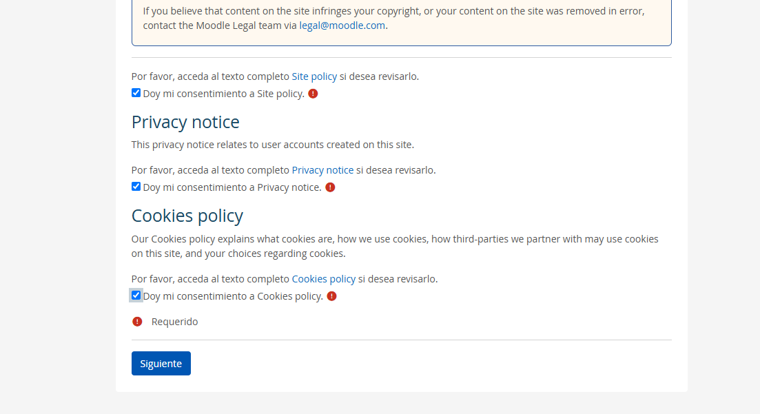 Caselles de consentiment de les politiques de Moodle
