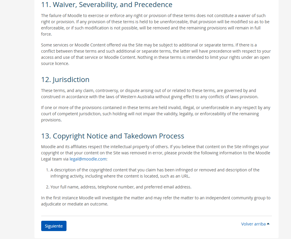 Final de les condicions de Moodle amb el boto Siguiente