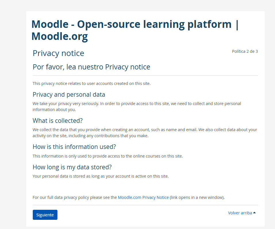 Avis de privadesa de Moodle amb el boto Siguiente